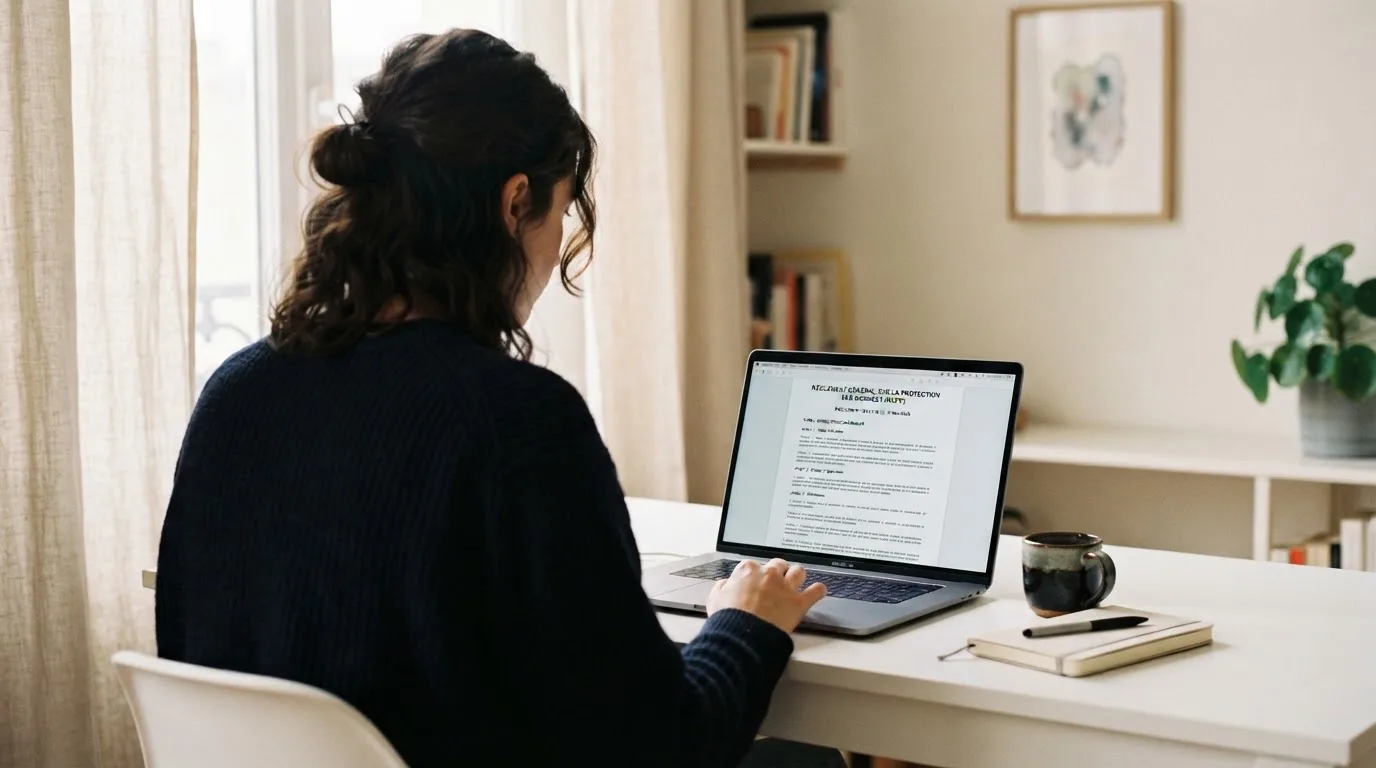 Personne consultant un document réglementaire sur un ordinateur portable dans un bureau sobre.