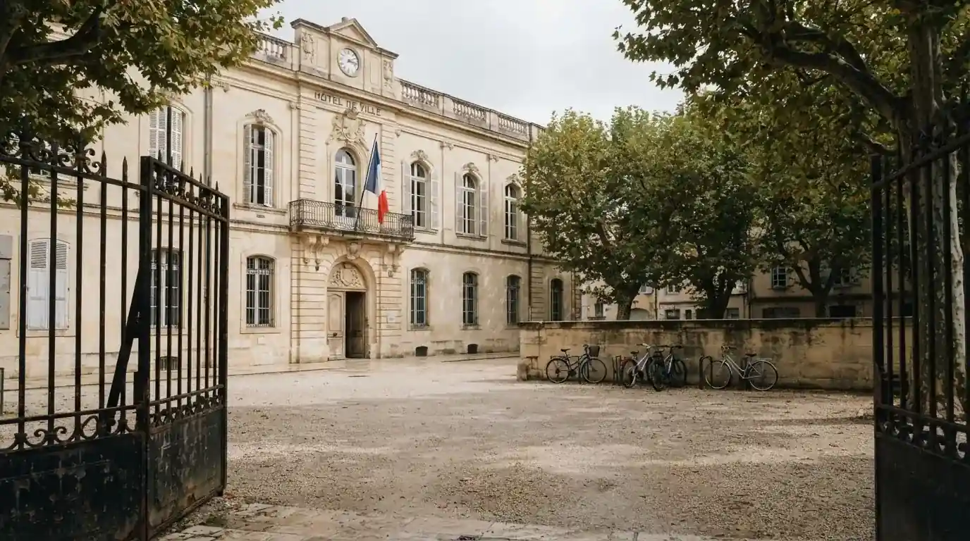 Silhouette d'un bâtiment administratif français avec un drapeau, illustrant le cadre réglementaire.